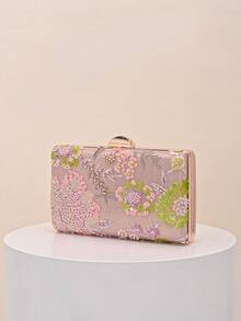 优雅亮片刺绣粉色晚宴手拿包，高端订婚派对手提包，适合搭配旗袍/晚礼服，配金属链条，尽显优雅风范。宴会包，适用于派对、婚礼、舞会、正式晚宴等场合。完美搭配女士舞会礼服、舞会配饰、亮片连衣裙、闪亮连衣裙、优雅碎花连衣裙（图案随机）。 - 粉色 - 查看 2