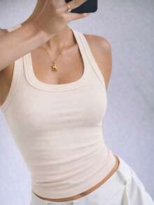 Women's Ribbed Tank Top With Square Neckline, U-Shaped Wide Straps, Premium Comfortable Ribbed Knit - Champán - Ver 2