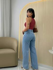 Women's Wide Leg Jeans With Marble Effect, No Lycra, Elegant And Sophisticated. - Rửa nhẹ - Xem 2