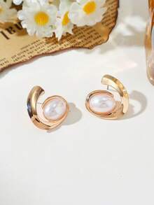 1 par de pendientes de aro elegantes y de moda con perlas falsas incrustadas, ligeros y lujosos, adecuados para viajes, playa y uso casual - Pendientes de perlas en espiral - Ver 6