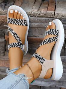 Women's Flat Woven Casual Sandals, Minimalist Beach Peep-Toe Sandals - Beige - View 3