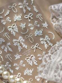 1件白色蕾丝蝴蝶结缎带饰边蝴蝶结丝绸纱花床爱心珍珠链水钻美甲贴纸 - 白色 - 查看 3