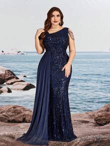 BluePlum Elastic Plus Size Elegant Sequin Embroidery Patchwork Asymmetric Neck Tassel Ruffle Beaded Mermaid Maxi Vintage Formal Gown For Cocktail Wedding Fall - Navy Blue - View 4
