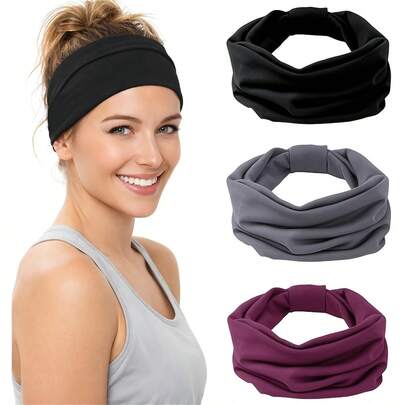 3pcs Women's Fashion Casual Solid Color Headbands, Stretchy Elastic Thick Non-Slip Sweatband, Sports Elastic Anti-Sweat Headband, Large Knotted Soft Headband, Suitable For Washing Face, Makeup, Workout, Spa, Running