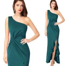 Women's Summer Ruffled Hem Floor Length Evening Dress Large Slit Solid Color  Elegant Party Cocktail Dress - 紅色 - 查看 8