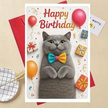Thiệp chúc mừng sinh nhật, hình chú mèo xám dễ thương đeo nơ và cầm bóng bay, hộp quà trang trí đẹp mắt, kèm phong bì, món quà sinh nhật hoàn hảo cho người yêu mèo. - 13*18 - Xem 1