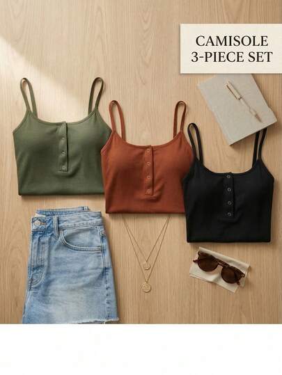 Bộ 3 áo hai dây cổ điển, màu đen/xanh lá/nâu cà phê, kiểu dáng ngắn, thích hợp mặc mùa hè, mặc nhiều lớp hoặc mặc thường ngày/đi biển.