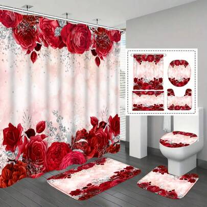 1/3/4 件套现代图案浴帘套装，包含 12 个挂钩、防水浴垫和柔软的 U 型浴垫、吸水马桶座套，为您提供完整的浴室装饰解决方案。