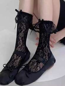 1双夏季薄款“安妮野玫瑰”蕾丝长筒袜，纯色性感蕾丝中筒袜，镂空叠层设计 - 彩色 - 查看 3
