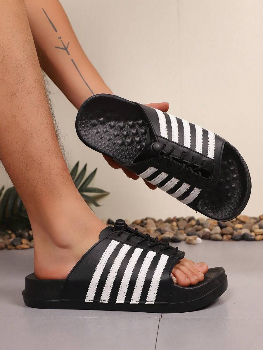 Men's Striped Design Sports Slide Sandals, 2026 Summer Classic Thick Sole Slip-On Slip-On Sandals, Beach Holiday Flip Flops - Black - View 1