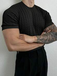 Men's Solid Color Casual Short Sleeve Knitted Top - Black - View 6