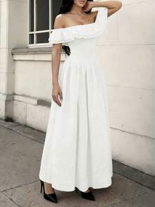 女士夏季性感单肩褶皱拉链设计优雅连衣裙，适合度假、约会、旅行、外出、生日、情人节等场合。 - 白色 - 查看 9