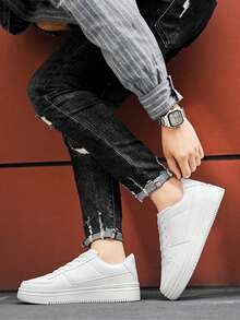 Zapatillas deportivas con suela gruesa y cordones, estilo urbano unisex - Blanco - Ver 4