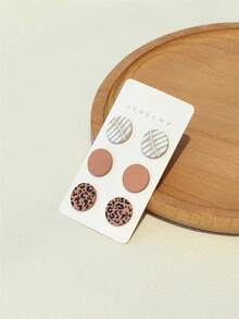 3 Pairs Ceramic Texture Leaf & Leopard Print Round Acrylic Earrings, Fashionable For Girls - Multicolor - View 2
