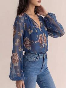 Elegaris Women's Summer New Arrival Multicolor Chiffon Floral Print V-Neck Long Sleeve Retro Elegant Versatile Cardigan Top Vacation Spring Casual - Blue - View 3