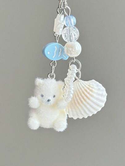 Chaveiro unissex de ursinho branco pequeno com textura aveludada, enfeite pequeno e fofo em formato de concha, pingente personalizado para capa de celular, acessório para bolsa, cordão, porta-crachá, acessório para carro.