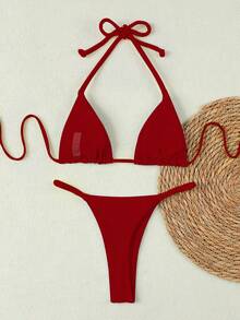 2026春夏新款女士清新柠檬红编织比基尼泳衣，性感沙滩度假两件式泳装 - 紅色 - 查看 3