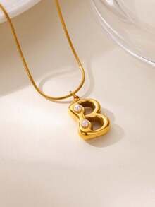 MECYLIFE 1件装时尚不锈钢26字母吊坠项链，镶嵌珍珠，女士项链 - 珍珠字母 - 查看 22