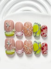 10件套法式手工美甲套装，银色星星和珠子装饰，3D立体花卉雕刻，撞色和交错线条设计，黄绿色、红色和白色指甲油，柔和复古撞色风格 - 彩色 - 查看 11