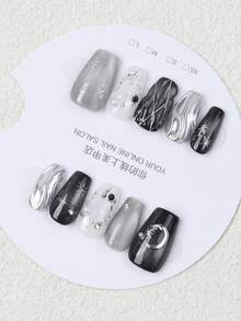 10片手工制作的黑银星月哥特风3D水波纹珍珠可重复使用假指甲，适合派对和日常佩戴 - 藏蓝色 - 查看 4