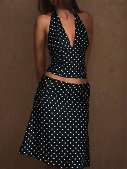 女士波点撞色优雅派对休闲假日Y2K露背吊带荷叶边下摆两件套，魅力时尚春夏黑色
