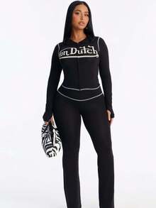 2026 New Fashion Sports Slim Printed Letter Long Sleeve Jacket And Tight Pants Set For Women - 黑色 - 查看 1