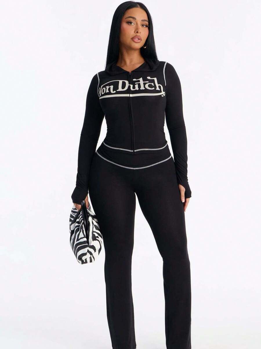 2026 New Fashion Sports Slim Printed Letter Long Sleeve Jacket And Tight Pants Set For Women - 黑色 - 查看 1