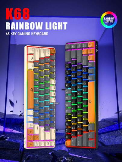K68 三色键帽有线键盘，68键机械手感游戏键盘，彩虹RGB背光，紧凑布局电竞键盘，适用于办公和游戏