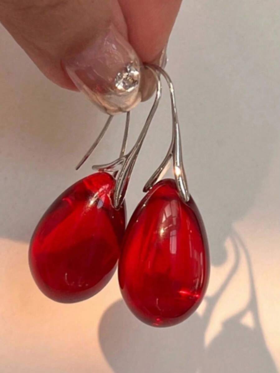 1对红色水滴耳环，适合女士派对首饰、情人节佩戴 - 紅色 - 查看 1