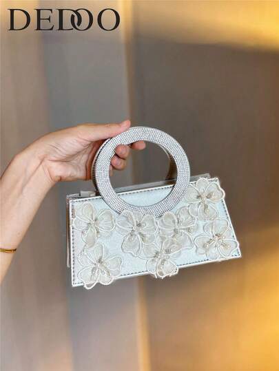 Dedoo Exquisite Heavy-Duty Lace Flower Handbag For Evening Parties, With A Full-Diamond Circular Handle, A Mini Square Tote Bag. It Is Gentle And Gorgeous, Suitable For Occasions Such As Dinners, Dates, Weddings, And Parties.