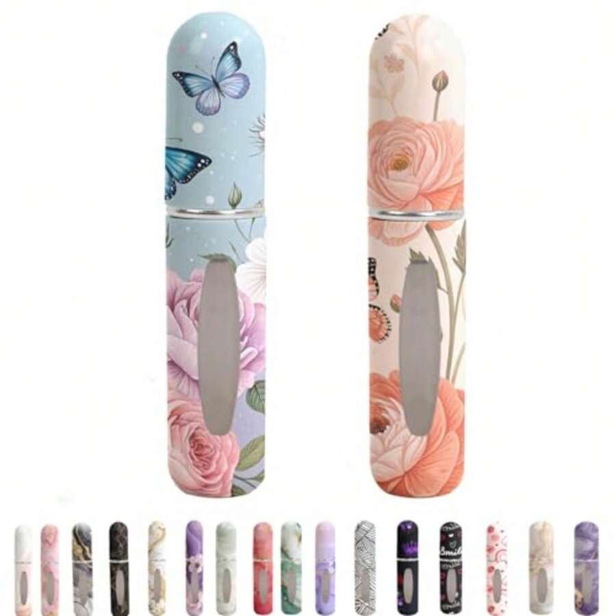 Atomizador de perfume recargable, botellas de viaje portátiles a prueba de fugas, mini vaporizador para colonia y aceites esenciales, botellas de perfume vacías de plástico con patrones únicos, paquete de 2 piezas de 5 ml, mariposa - Mariposa - Ver 1