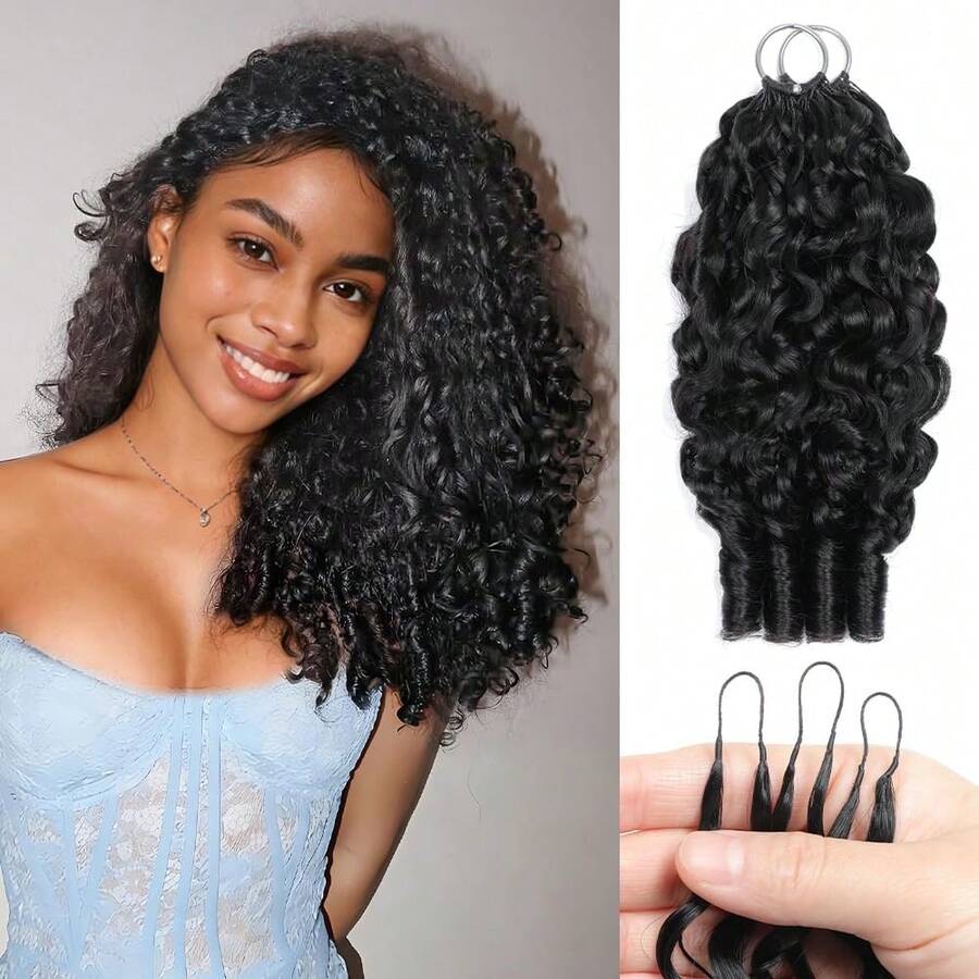 Tóc móc sợi tự nhiên dành cho nữ, dài 16 inch, kiểu tóc xoăn Miến Điện, đã được tách sẵn 40/60 sợi, 60/90g, kiểu thắt nút thần kỳ vô hình, tóc nối móc sợi lông vũ, màu đen tự nhiên 1B#