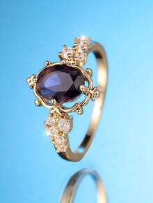 1 chiếc nhẫn mạ vàng sang trọng đính đá Cubic Zirconia màu tím nhạt hình bầu dục, thích hợp đeo hàng ngày, vào Ngày của Mẹ, dự tiệc, tiệc chiêu đãi, mọi mùa. - Vàng - Xem 2