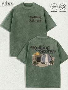 1-Pack Plus-Size T-Shirt Featuring "Christian & Rock Band" Motifs - Printed With The Handwritten Slogan "." Loose Fit, Crafted From 230g Washed Pure Cotton Fabric. Vintage Street Rock Style; Unisex Top. Men's Summer Top, Men's Plus-Size T-Shirt. - 軍綠色 - 查看 1