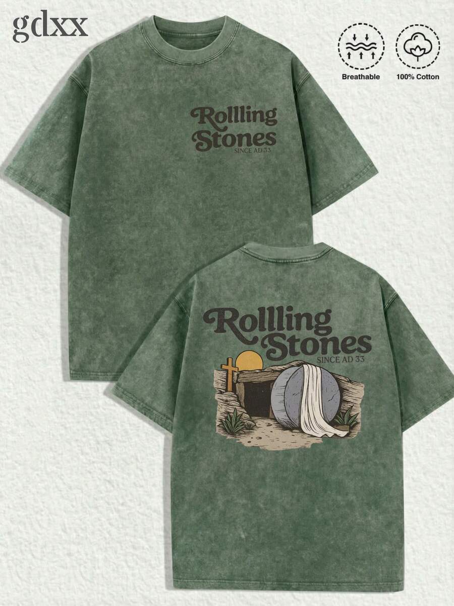 1-Pack Plus-Size T-Shirt Featuring "Christian & Rock Band" Motifs - Printed With The Handwritten Slogan "." Loose Fit, Crafted From 230g Washed Pure Cotton Fabric. Vintage Street Rock Style; Unisex Top. Men's Summer Top, Men's Plus-Size T-Shirt. - 軍綠色 - 查看 1