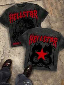 Camiseta de algodón peinado de 230g con gráfico de motociclista esqueleto, llama y estrella roja, top de manga corta de estilo callejero Y2K, top de cuello redondo de verano, adecuado para uso casual diario de verano, ropa de calle para jóvenes, unisex - Negro - Ver 1