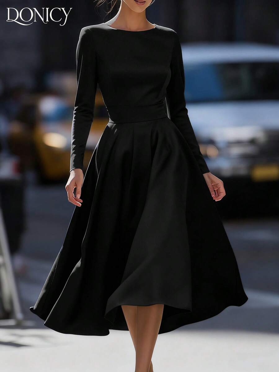 DONICY 优雅女士连衣裙，春夏纯色圆领系腰A字中长连衣裙，时尚简约优雅通勤白色连衣裙，休闲、商务、通勤、外出连衣裙，情人节、嘉年华皆宜