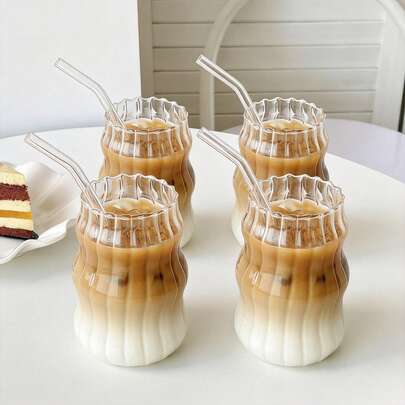 1-2-4pcs Set Large Capacity Glass Coffee Cups, Creative Wavy Glass Cups, Reusable Cloud-Shaped Coffee Cups Suitable For Milk, Iced Coffee, Milk Tea, Hot & Cold Drinks, With Glass Straws, Suitable For Winter, Summer And Travel