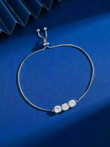 1件优雅奢华复古几何方形闪亮立方氧化锆可调节链条手链，精致优雅，适合女性和女孩日常佩戴 - 彩色 - 查看 3