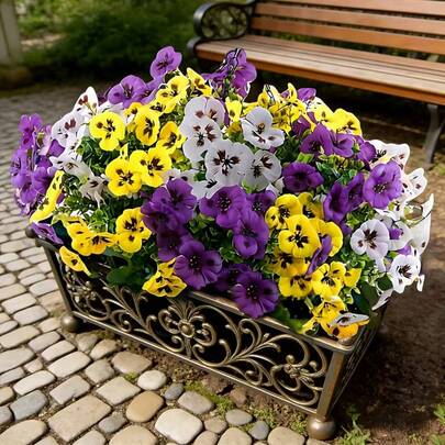 18 Bunches Artificial Tricolor Violet Flowers, UV-Resistant Silk Tricolor Violets Suitable For Outdoor Planters, Entryways, Porches, Yards, Window Boxes, Home Decor (18pcs, Purple, Yellow, White)