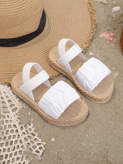 1双白色和棕色加大码女童平底凉鞋，柔软布带，交叉松紧后跟，圆头露趾罗马凉鞋，舒适可爱，适合3-15岁男孩女孩，日常、旅行、度假，2026春夏款