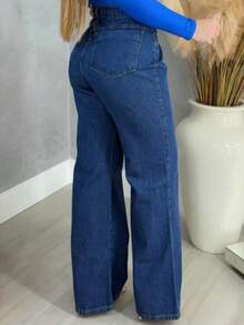 Women's Wide Leg Jeans, Plus Size, High Waist, Without Lycra - 深色水洗藍 - 查看 2