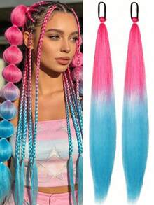 2pcs/Set 26-Inch Ombre Straight Hair Extensions With Elastic Headband, Suitable For Daily Wear, Halloween, Christmas, New Year Costume Parties - Multicolor - View 10