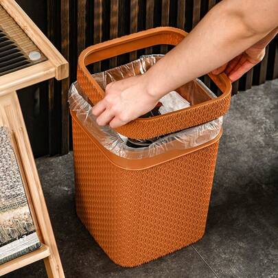 1pc Pressure Ring Trash Can, Plastic Trash Can, Living Room, Bedroom Office, Company Trash Can, Imitation Rattan Woven Paper Basket, Kitchen Bathroom Bedroom Office Accessories, Home Decor