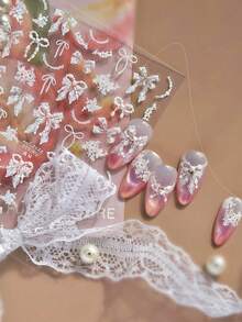 1件白色蕾丝蝴蝶结缎带饰边蝴蝶结丝绸纱花床爱心珍珠链水钻美甲贴纸 - 白色 - 查看 4