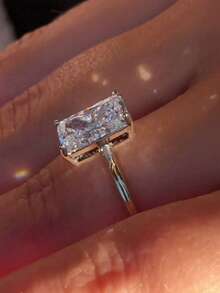 1pc Women's Charming Square Cut White Cubic Zirconia Engagement Ring, Fashion Wedding Bridal Proposal Jewelry, Birthday Anniversary Valentine's Day Gift - Silver - View 6