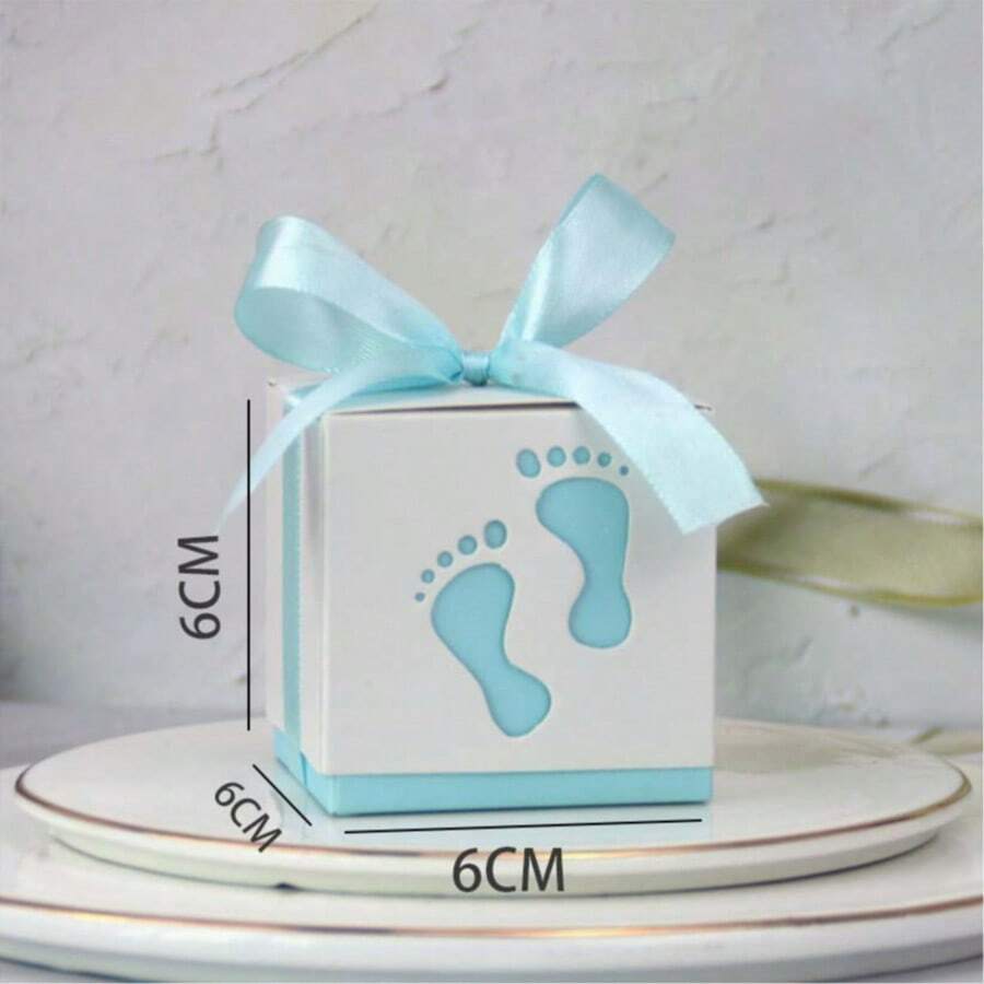 25 hộp quà tặng tiệc tiết lộ giới tính em bé, thiết kế hình dấu chân, màu hồng, xanh dương, xanh lá cây kèm ruy băng. - A - Xem 1