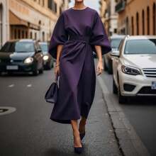 2026 Women S European American Fashion Elegant Solid Color Waist Cinching Bat Sleeve Long Dress Casual Party Work Office Dresses - 棕色 - 查看 4