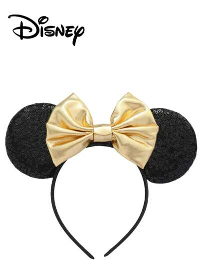 Disney 1件黑色亮片+金色闪亮发箍，黑色亮片+金色闪亮发箍 - 节日派对头饰、头饰、趣味拍照道具、游乐园配饰，适合生日派对和复活节活动，配有可爱蝴蝶结卡通发夹，公主装扮配饰