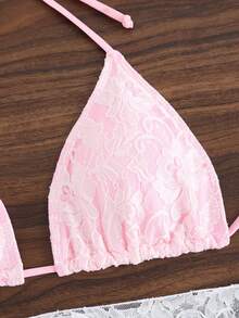 Women's Summer Lace Spaghetti Strap Sexy Bikini Set Set, Includes Cover-Up And Skirt Vacation - Baby Pink - View 3